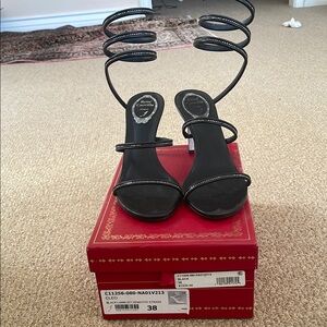 Rene Caovilla Black Heeled Sandals with Coiled Ankle Strap